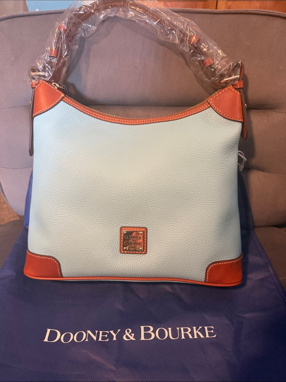 NWT Dooney & Bourke Caribbean Blue & Brown Pebbled Leather Hobo Bag